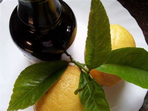 Two Lemons On A Plate Next To A Bottle Of Oil And Some Green Leaves