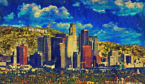 Downtown Los Angeles Skyline With The Hollywood Sign In The Background