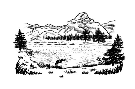 Premium Vector Mountain Lake Outline Sketch Nature Landscape Vector