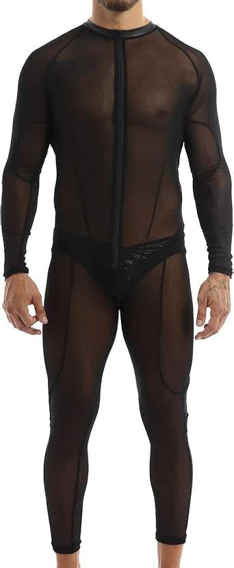 Qinciao Mens Jumpsuit Sheer Mesh See Through Wrestling