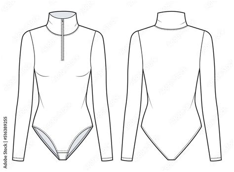 Women`s Bodysuit Fashion Flat Technical Drawing Template Long Sleeve