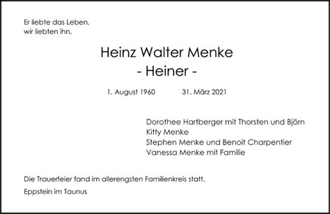 Traueranzeigen Von Heinz Walter Menke Trauer Rheinmain De