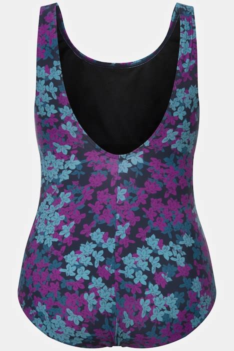 Sporty Floral Print Cupless One Piece Swimsuit Navy Blue Ulla Popken