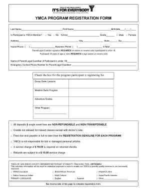 Fillable Online Peninsula Ymca YMCA PROGRAM REGISTRATION FORM