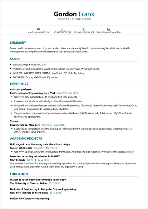 College Professor Resume Sample For Freshers Resume Example Gallery