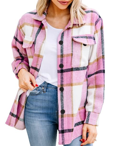 Womens Flannel Shacket Jacket Casual Plaid Wool Blend Button Down Long Sleeve