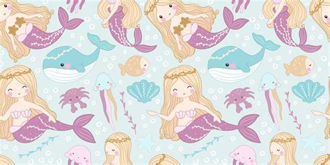 Cute Mermaids And Friends Seamless Pattern 21524138 Vector Art At Vecteezy