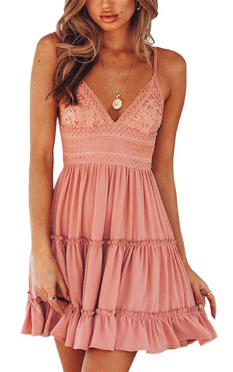 Ecowish Womens V Neck Spaghetti Strap Bowknot Backless Sleeveless Lace