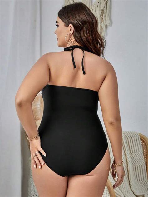 Shein Swim Bohofeel Plus Hollow Out Halter Neck One Piece Swimsuit