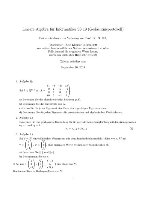 LA1 2019 SS Hiss Klausur Lineare Algebra F Ur Informatiker SS 19