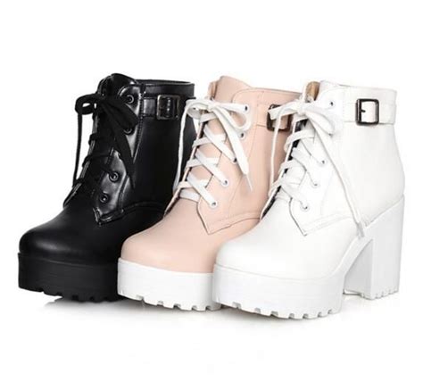 Womens Punk Chunky Heel Platform Lace Up Buckle Strap Ankle Boot Shoes