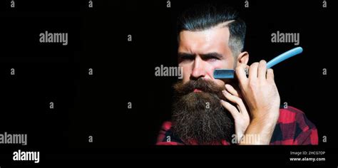 Beard Man With Black Beard Bearded Gay Barber With Razor On Black