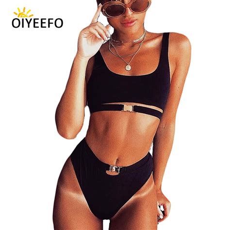 Oiyeefo Crop Top Mid Waist Bikini With Metal Buckle 5 Colors Sport Tank