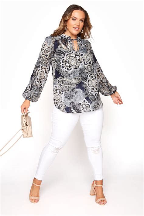 Navy Paisley Tie Frill Neck Blouse Yours Clothing