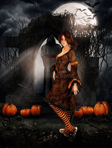 Brunette Girl In A Cemetary On Halloween Night Stock Illustration Illustration Of Avenue
