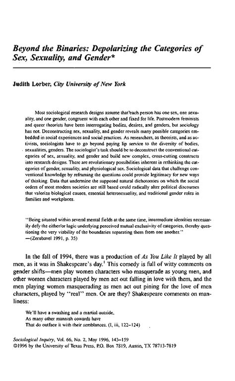 Deconstructing Gender Sex And Sexuality Lorber 1996 Beyond The