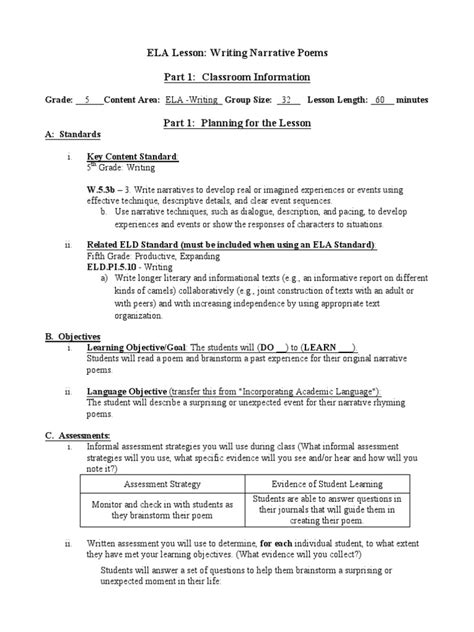 5th Grade Writing Process Lesson Plan Poem Poetry Lesson Plan