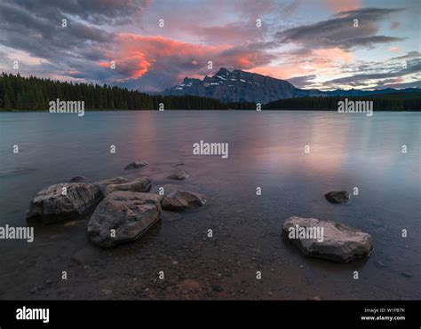 Sunset Over Mount Rundle At Two Jack Lake Banff National Park Alberta