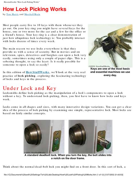 SOLUTION How Lock Picking Works By Tom Harris And Marshall Brain