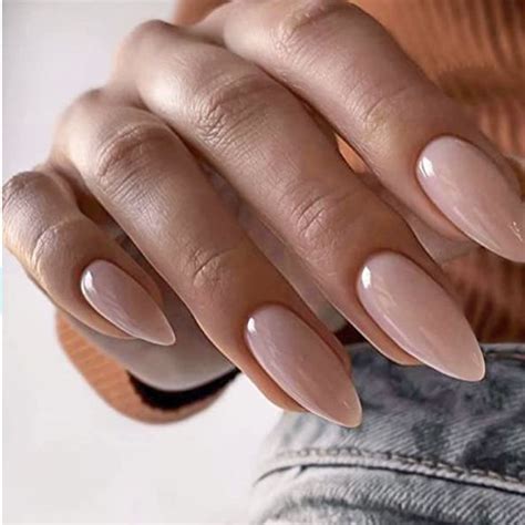 YOSOMMK Nude Press On Nails Almond Shaped Fake Nails Medium Glossy Stick On Nails Natural Full