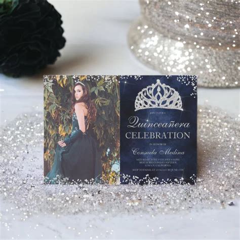 Silver Glitter Navy Blue Photo Tiara Quincea Era Invitation Zazzle