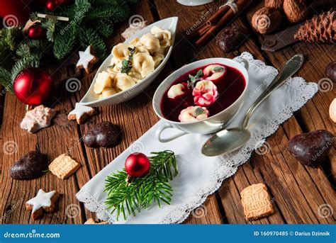 A Traditional Polish Christmas Eve Borscht with Dumplings Stock Image - Image of appetizing ...