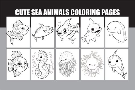 Cute Sea Animals Coloring Pages 2 Graphic By Pew Nguyen · Creative Fabrica