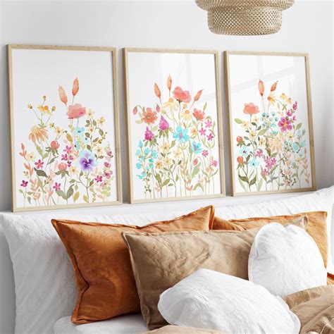 Colorful Floral Watercolor Print Set Of Wildflower Wall Etsy