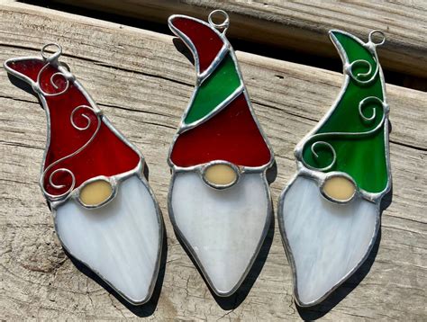 Santa Gnome Stained Glass Christmas Ornaments Set Of 3 Lead Free