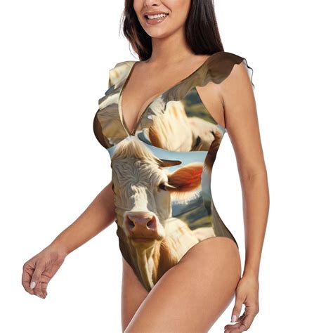 Cauagu Sunflower Cow Pasture Print One Piece Swimsuits for Women Ruffle