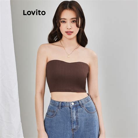 Lovito Women Casual Plain Crop Basic Tank Top L Ed Brown Black