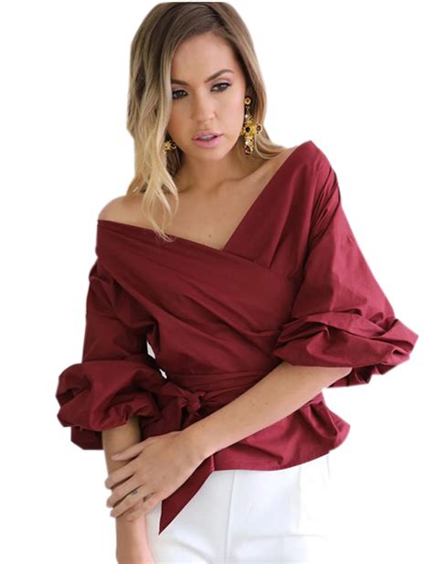 Off Shoulder V Neck Ruched Cross Straps Blouse Solid Lantern Sleeve Bow