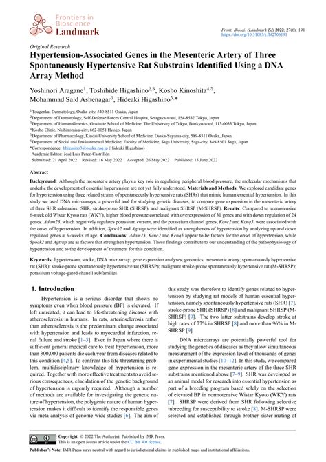 Pdf Hypertension Associated Genes In The Mesenteric Artery Of Three