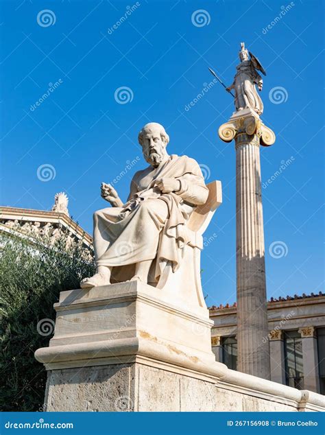 Academy Of Athens Plato Statue And Athena Column Stock Photo Image