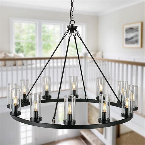 Psyverii Inch Black Wagon Wheel Chandelier With Glass Shade