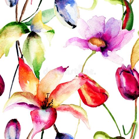 Watercolor Painting Of Tulips And Lily Flowers Stock Illustration