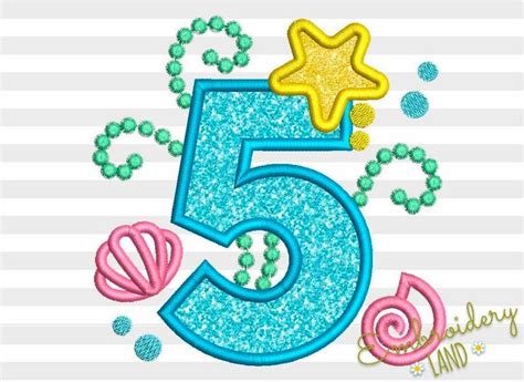 Cute Mermaid Sea Number 5 Applique Embroidery Design For Baby Girl