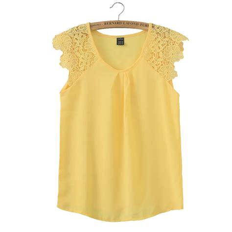 Women Summer Lace Sleeve Blouses Chiffon O Neck Sleeveless Shirt Blusa