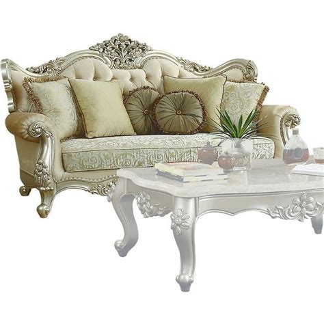 Acme Bently Tufted Sofa With 7 Pillows In Champagne Gold Fabric