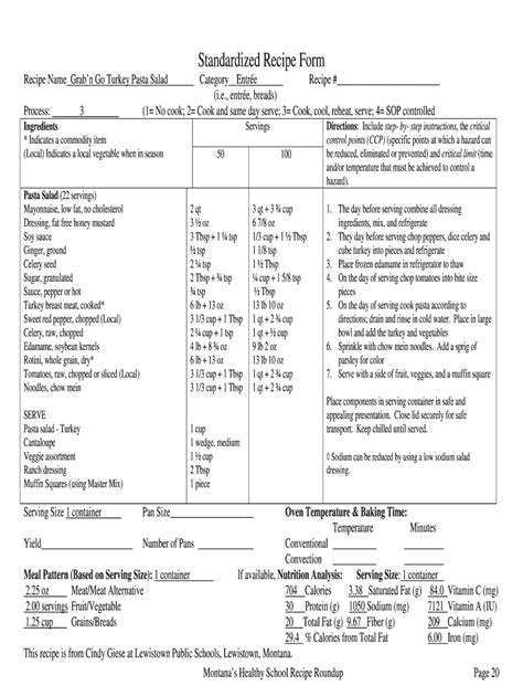 Fillable Online Opi Mt Standardized Recipe Form Montana Office Of