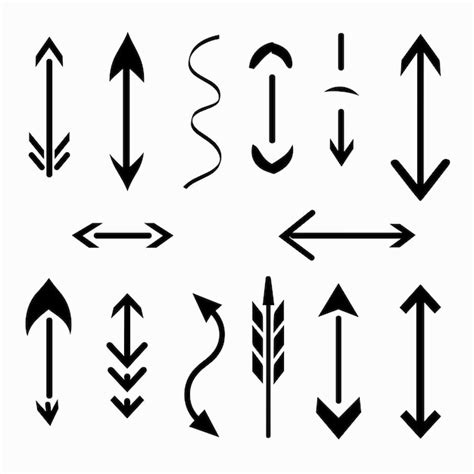 Black Arrow Icons In Various Styles And Directions On A Plain White