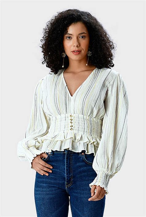 Shop Ruffle Stripe Crinkle Cotton Gauze Smocked Blouse Eshakti