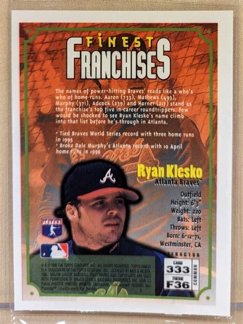 Topps Finest Bronze Refractor Ryan Klesko Braves Rare