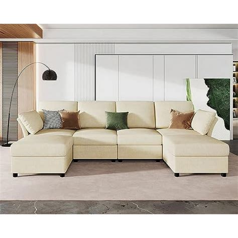 Papajet Sectional Couch 6 Seats Sofa With Ottomans U Shaped Sofa For Living Room Beige