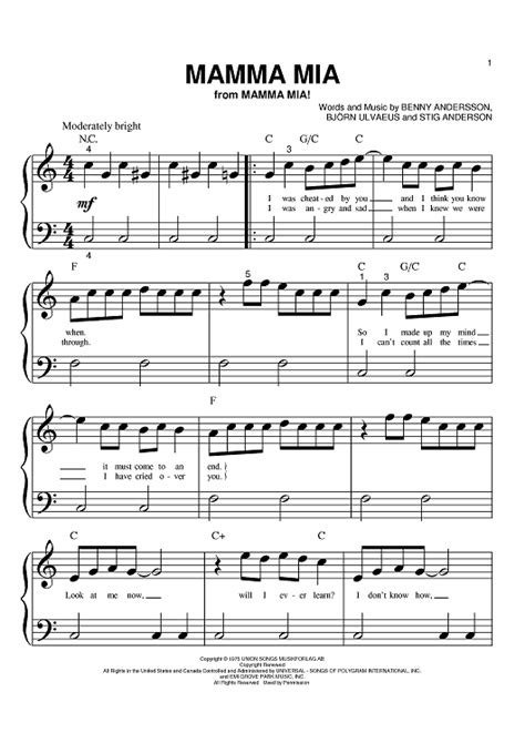 Mamma Mia Sheet Music By Abba For Big Note Piano Sheet Music Now