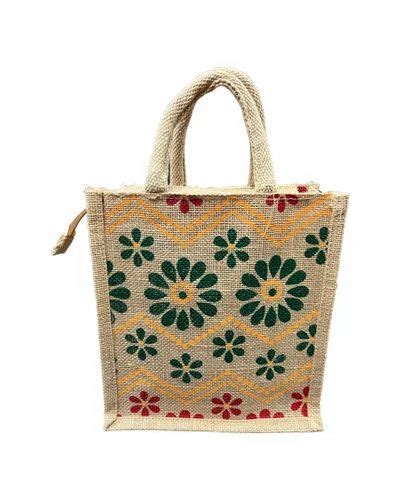 Brown Base Printed Jute Lunch Bag Size Dimension 10x6x15 Inch