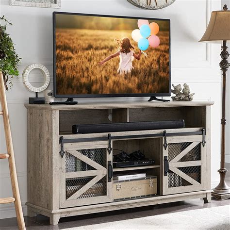 OKD Farmhouse Wood TV Stand With Sliding Barn Door For 65 Inch TV