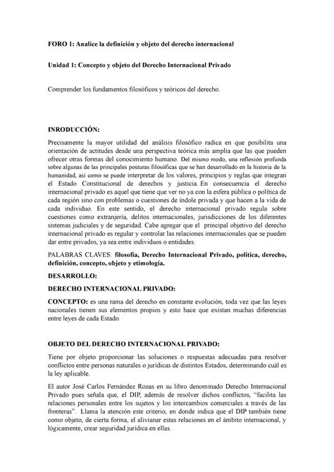 Derecho Internacional Privadoforo 1 Analice La Definición Y Objeto Del Derecho Internacional