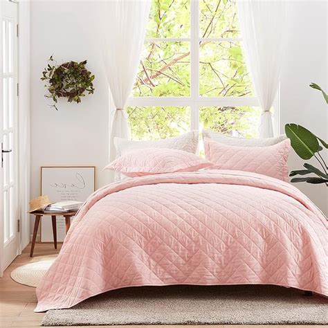 Sunstyle Home Quilt Set King Pink Lightweight Bedspread Coverlet Set Diamond Pattern