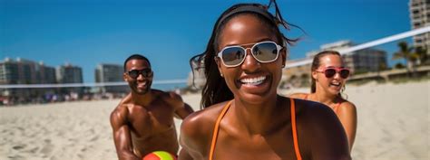 Premium Ai Image Group Of Friends Playing Beach Volleyball